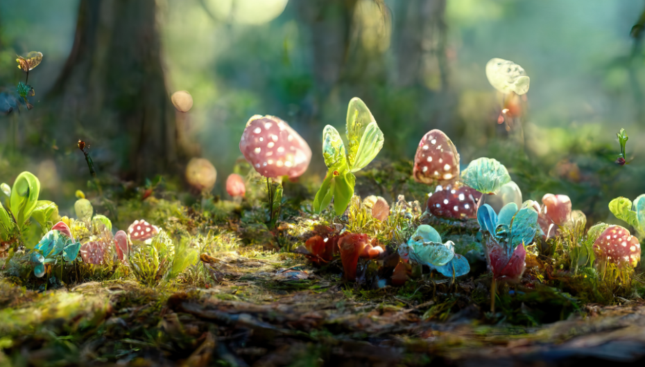 Bild eines Waldboden mit Moos und Pilzen