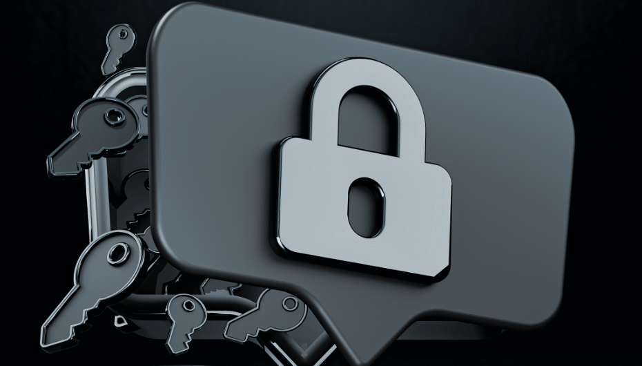 Graue Sprechblase vor schwarzen Hintergrund. in der Sprechblase ist ein Schloss abgebildet. Hinter der Sprechblase sieht man mehrere Schlüssel.