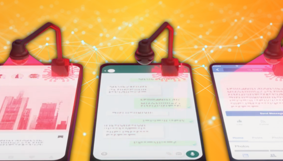 Bild von drei Handys, die von kleinen Lampen angeleuchtet werden. Orangener Hintergrund